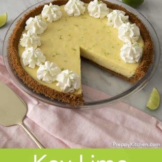 Pinterest graphic showing a pie in a glass pie dish with a slice cut out.