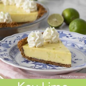 Pinterest graphic showing a slice of key lime pie with the rest of the pie in the background.