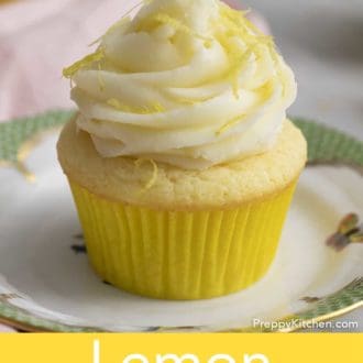 Pinterest graphic of lemon cupcake with lemon frosting on a plate.