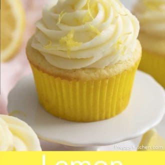 Pinterest graphic of a lemon cupcake with lemon frosting and lemon zest.