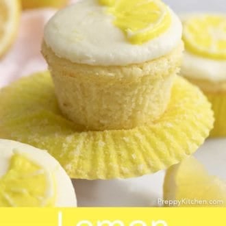 Pinterest graphic of a lemon cupcake with lemon frosting with the paper liner pulled down.