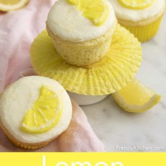 Pinterest graphic of lemon cupcakes with lemon frosting.