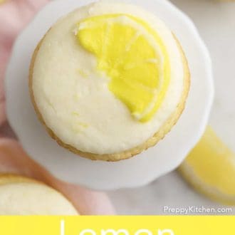 Pinterest graphic of an overhead view of a lemon cupcake with lemon frosting.