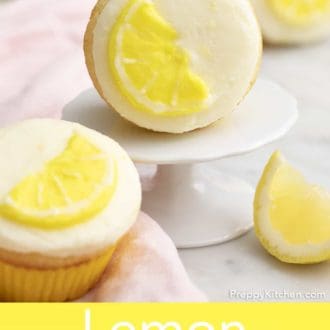 Pinterest graphic of a lemon cupcake on its side with lemon frosting and lemon slice.