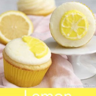 Pinterest graphic of two lemon cupcake with lemon frosting and lemon decoration.