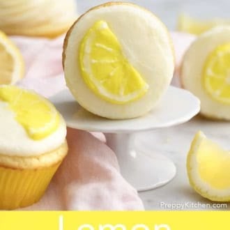 Pinterest graphic of lemon cupcake with lemon frosting and lemon decoration.