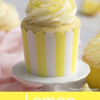 Pinterest graphic of lemon cupcake with lemon frosting.
