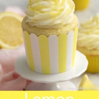 Pinterest graphic of lemon cupcake with lemon frosting.