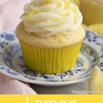 Pinterest graphic of lemon cupcake with lemon frosting on a plate.
