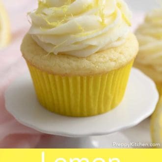 Pinterest graphic of a mini cupcake stand with a lemon cupcake with lemon frosting and lemon zest.
