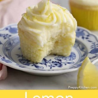 Pinterest graphic of lemon cupcake with lemon frosting with a bite taken out on a plate.