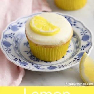 Pinterest graphic of lemon cupcake with lemon frosting on a plate.