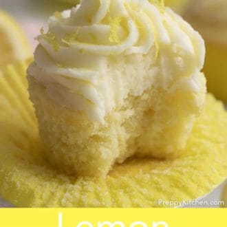 Pinterest graphic of lemon cupcake with lemon frosting with a bite taken out.