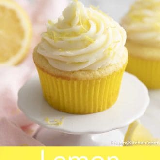 Pinterest graphic of lemon cupcake with lemon frosting and zest.