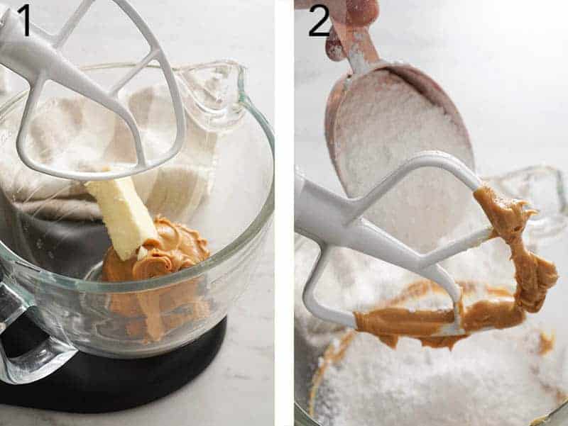 Peanut Butter Egg filling getting creamed in a mixer.