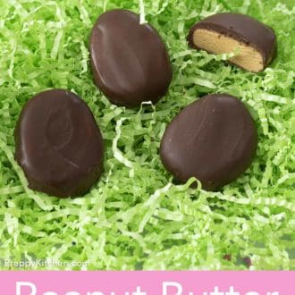 peanut butter eggs on a bed of easter basket grass
