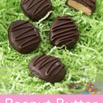 peanut butter eggs on a bed of fake grass