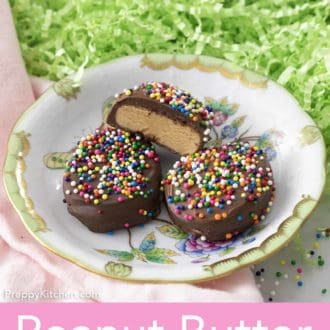 peanut butter eggs with sprinkles on a floral plate