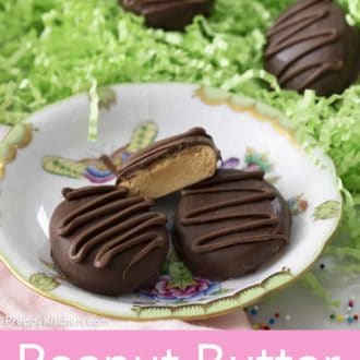 peanut butter eggs on a floral plate