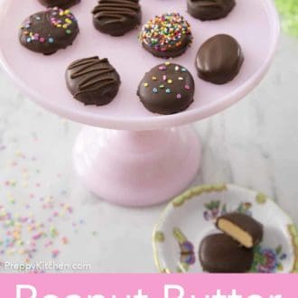 peanut butter eggs on a cake stand