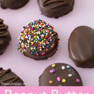 peanut butter eggs on a cake stand