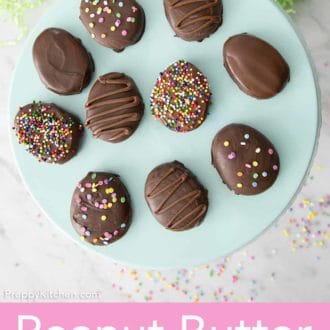 peanut butter eggs on a cake stand