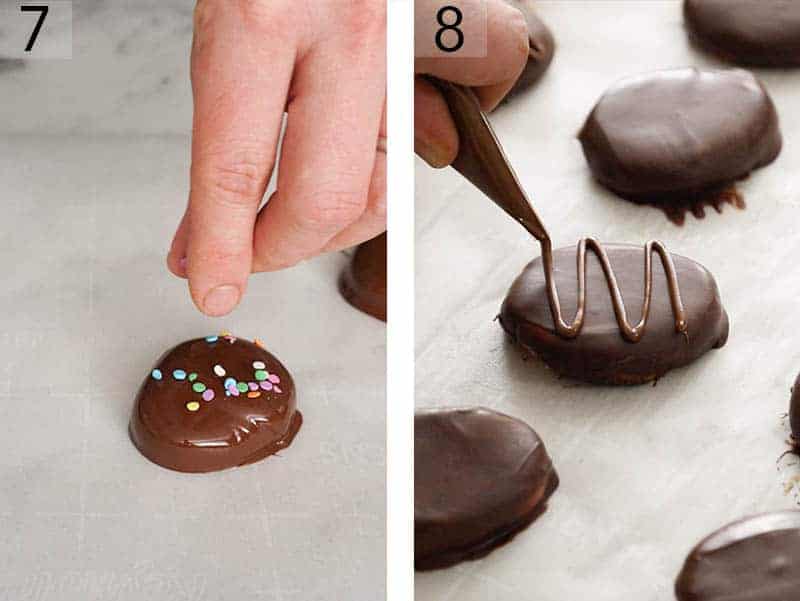 Peanut Butter Eggs getting decorated with chocolate and sprinkles. 