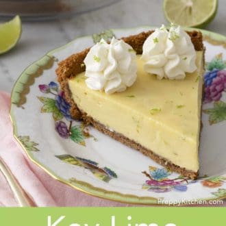 Pinterest graphic showing a closeup of a slice of lime pie.