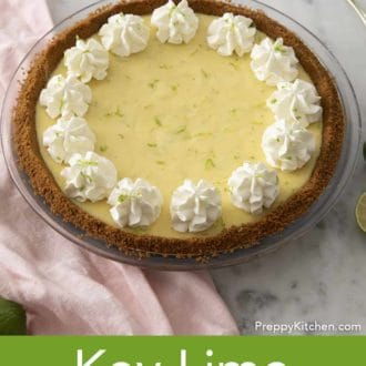 Pinterest graphic showing a key lime pie with decorative dollops of whipped cream on top.