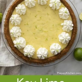 Pinterest graphic showing an overhead shot of a pie in a glass dish.