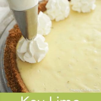 Pinterest graphic showing whipped cream dollops on key lime pie in a glass pie dish.