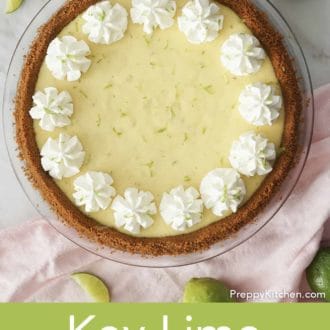 Pinterest graphic showing an overhead shot of a whole pie with limes scattered around it.