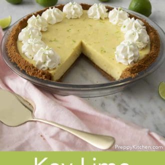 Pinterest graphic showing a pie with one slice cut out. Whole and sliced key limes in the background.