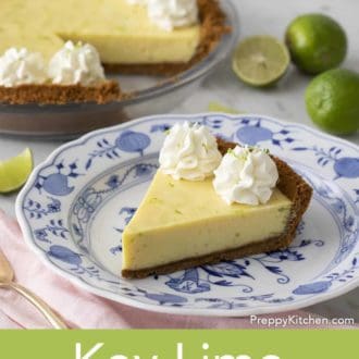 Pinterest graphic showing a piece of key lime pie on a plate with the rest of the pie in the background.