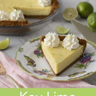 Pinterest graphic showing a piece of key lime pie on a plate with more pie in the background.