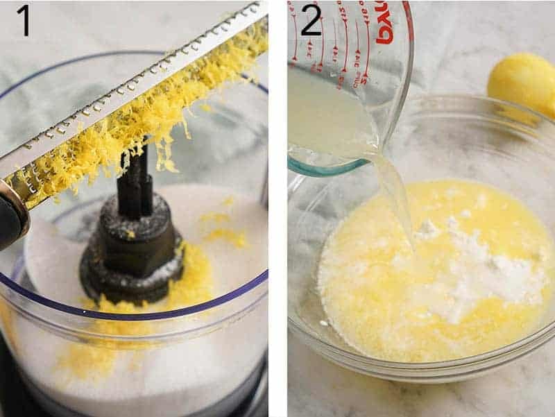 Lemon cupcake batter getting mixed in separate bowls.