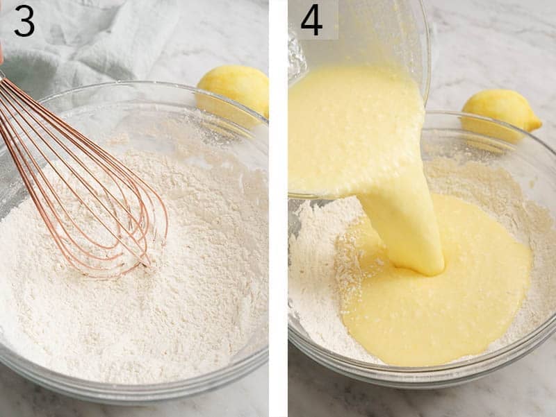 Wet ingredients being poured into the dry for lemon cupcake batter.