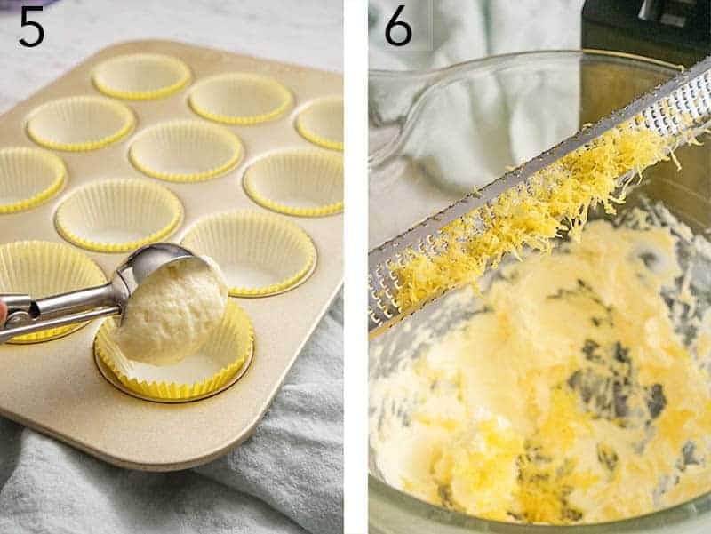 Lemon cupcake batter being transferred to cupcake papers.