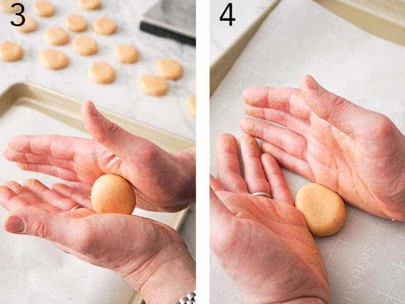 Peanut Butter Eggs getting rolled and shaped to look like eggs.
