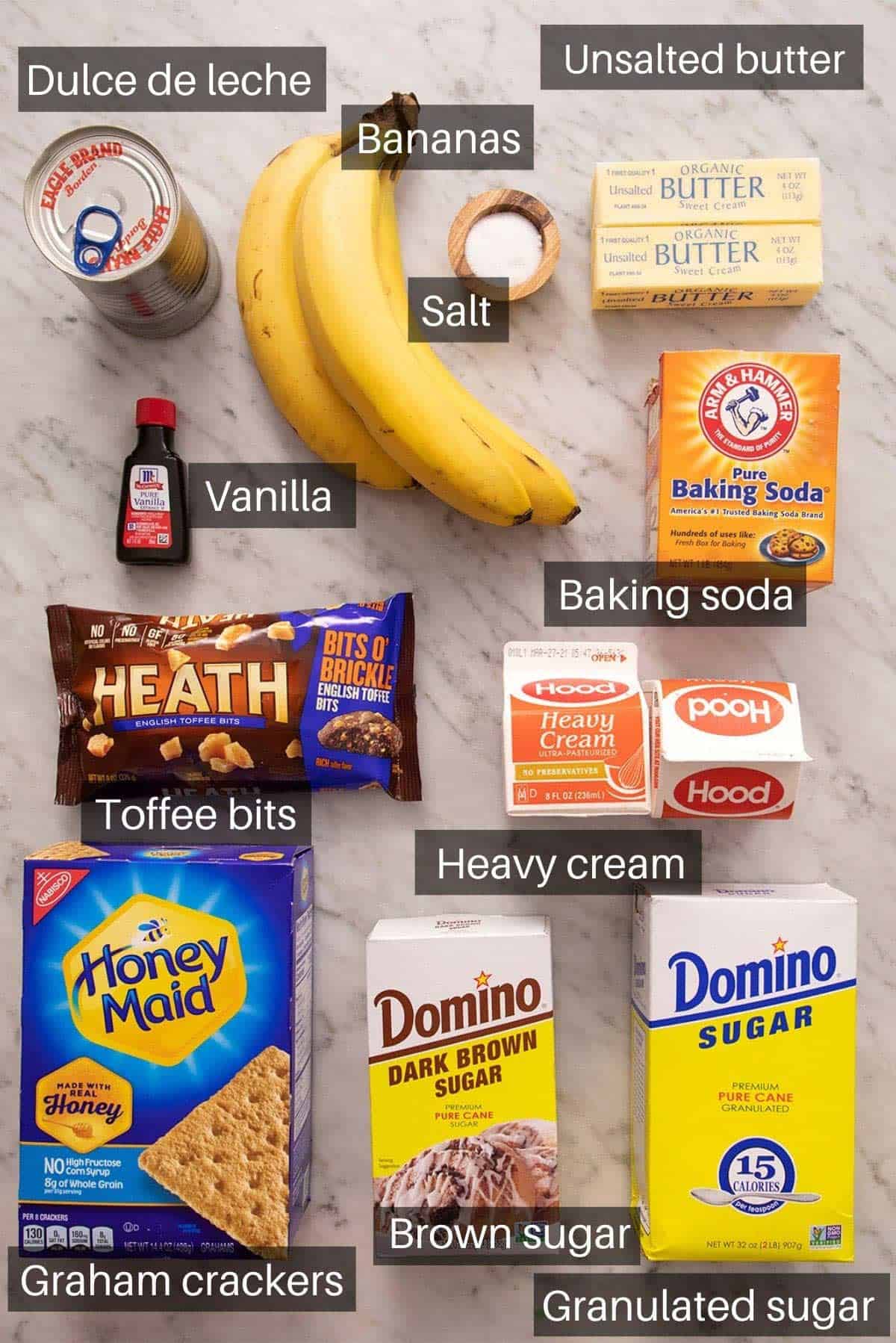 An overhead shot of all the ingredients you need to make banoffee pie