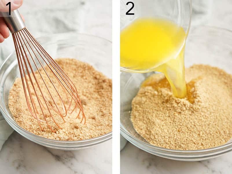 Graham cracker crumbs and sugar being mixed in a bowl.