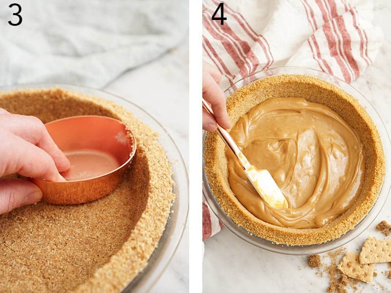 Dulce de leche being smoothed into a baked Graham cracker pie crust for banoffee pie.