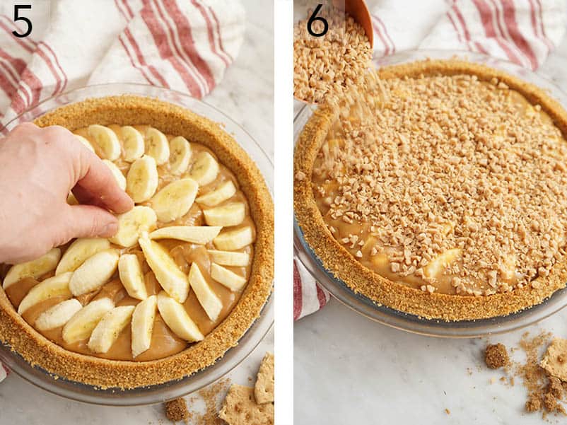 Banana slices and toffee chips being arranged in a banoffee pie.
