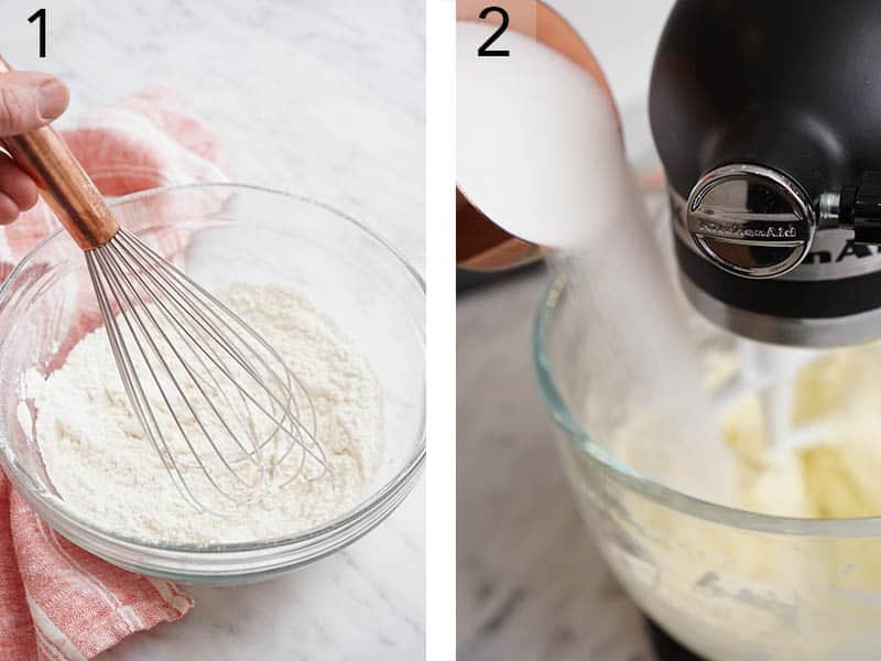 Dry and wet ingredients being mixed separately to make easy cream cheese cookies.