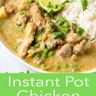 Pinterest graphic of a close up view of a bowl of Instant Pot chicken curry with rice, a lime wedge, and chopped cilantro.