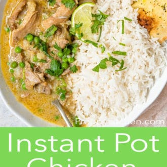 Pinterest graphic of a bowl of Instant Pot chicken curry with rice, chopped herbs, naan, and herbs.
