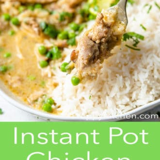Pinterest graphic of a fork lifting up a bite of Instant Pot chicken curry from a white bowl.