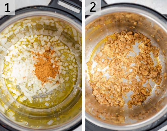 Tow photos showing how to saute onions, garlic and spices in an instant pot