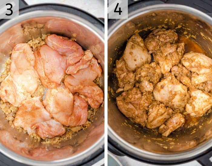 Two photos showing how to brown chicken in the instant pot