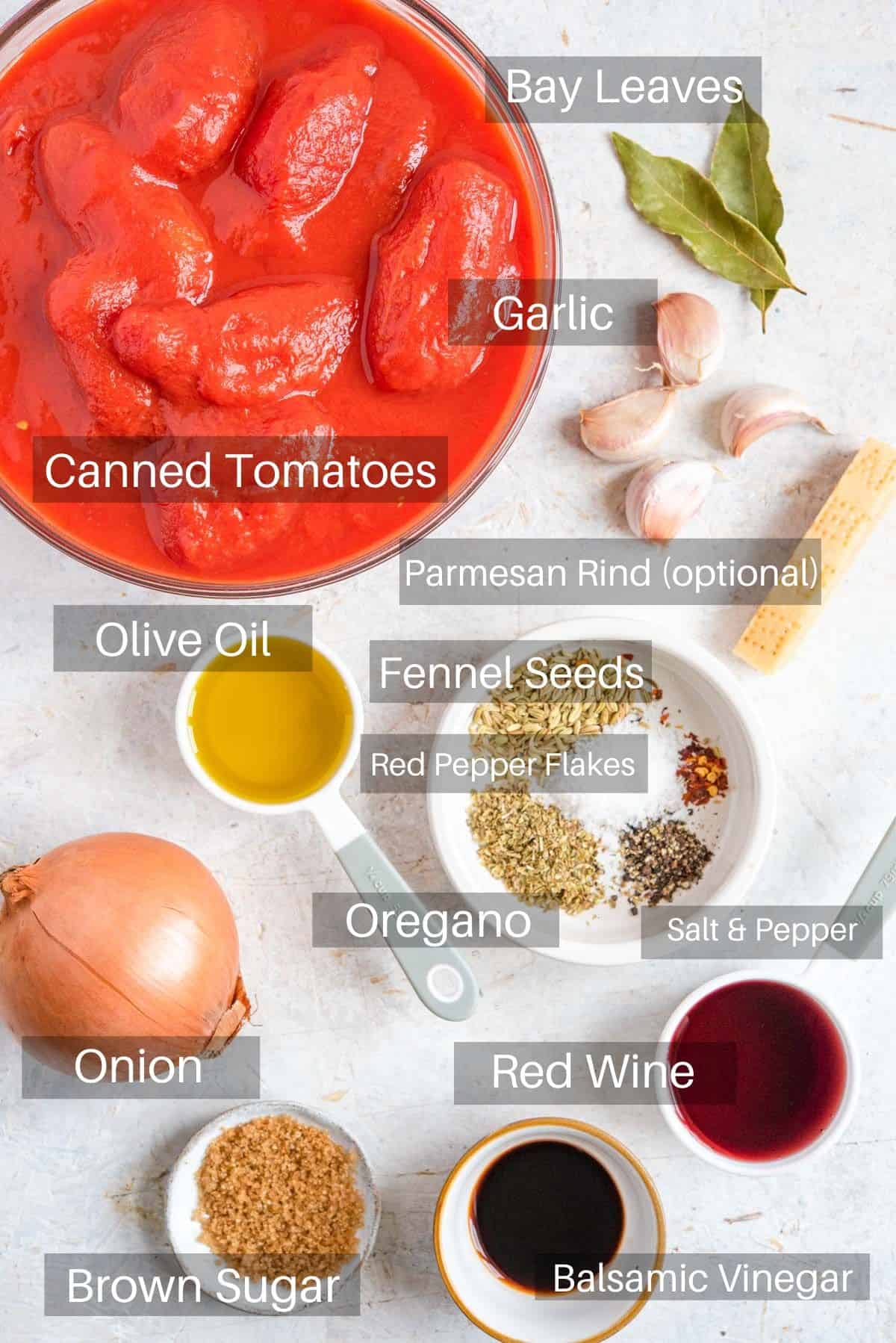 An overhead shot of ingredients you need to make Instant pot spaghetti sauce